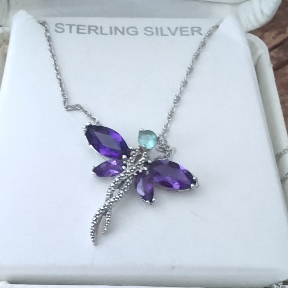 Vintage Sterling Silver Crystal Dragonfly Pendant with Purple Wings